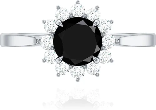 Vista 4 de Anillo de compromiso de ónix negro de 1.25 quilates con halo de diamantes, anillo de compromiso de ónix negro para mujer