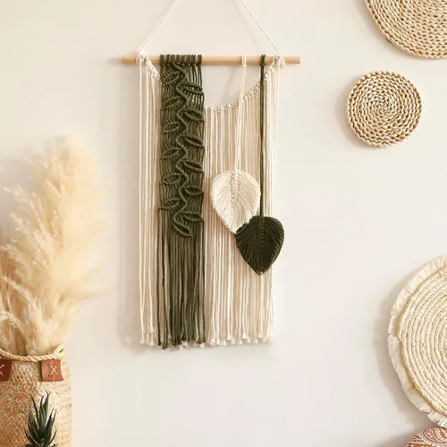Vista 10 de Tapiz de hojas de macramé para decoración de pared, tapices tejidos bohemios, arte de pared de hojas de otoño, grandes borlas bohemias, adorno