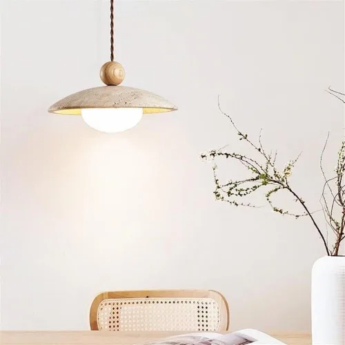 Vista 2 de Dining Room Pendant Lights Fixtures Natural Yellow Travertine Chandelier with Wood Accents Modern Simple White Glass Hanging Lamp for Kitchen Island