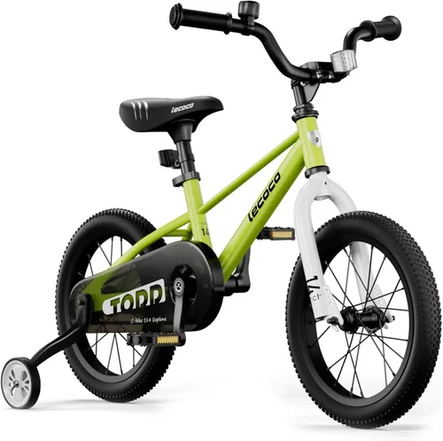 Vista 10 de lecoco Bicicleta infantil para niños y niñas, bicicleta infantil de 14, 16, 18 pulgadas, con ruedas de entrenamiento, frenos de pedal, freno de mano