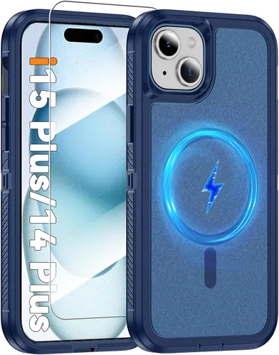 Vista 30 de Funda magnética para iPhone 13/iPhone 14 [compatible con Magsafe] [protector de pantalla de vidrio] [protección de grado militar de doble capa]