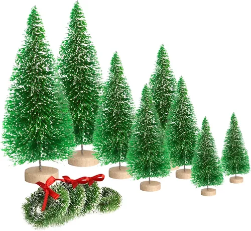 Vista 10 de 8 mini árboles de Navidad artificiales, árboles de cepillo de botella con base de madera, árbol de Navidad artificial de sisal escarchado, mini Beige