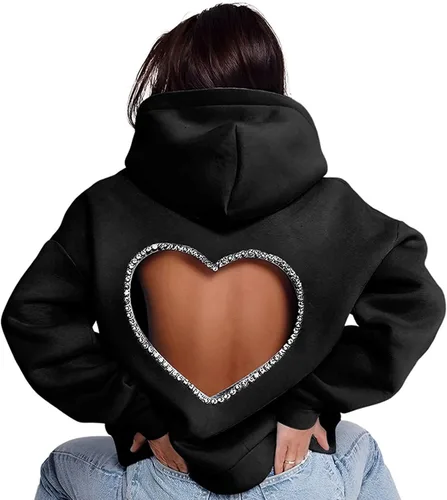 Vista 5 de Sudaderas con capucha para mujer, con diseño de diamantes y dulce amor, sin espalda, de gran tamaño, casual, holgada