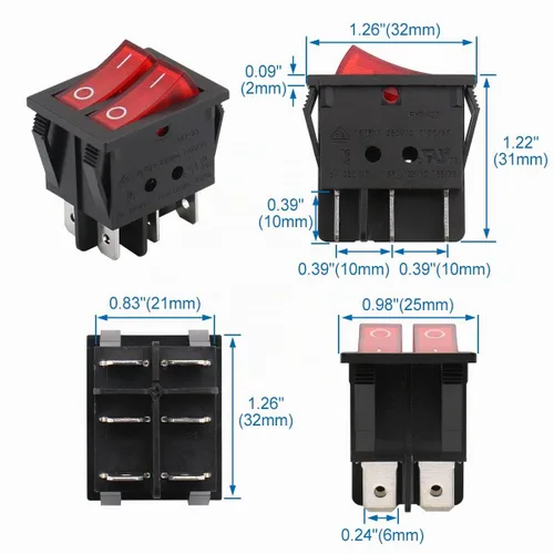 Vista 3 de Baomain - 1 paquete de interruptor basculante doble con luz roja, ON/Off DPDT de 6 pines, 16 A/250 V CA, 16 A/125 V CA, listado UR VDE, para Rojo