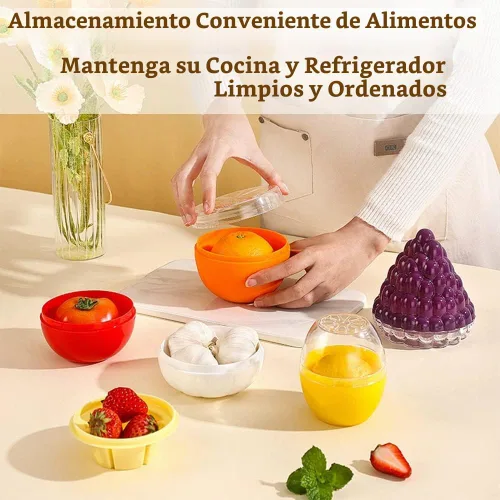 Vista 6 de 6 recipientes de almacenamiento de frutas y verduras, contenedor de almacenamiento reutilizable, limón, naranja, aguacate, cebolla, ajo, tomate