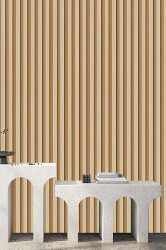Vista 4 de Papel tapiz de listones de madera natural, decoración de pared de Madera natural alterna amarillo y blanco