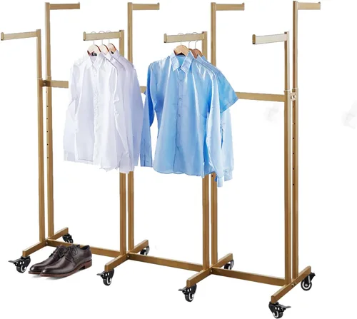 Vista 17 de Perchero de pie de metal para ropa - Estantes de exhibición resistentes para uso comercial con ruedas, perchero de ropa de 6 brazos, perchas