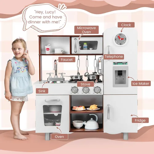 Vista 6 de Costzon Juego de cocina para niños, cocina de simulación para niños pequeños con utensilios, horno, gabinetes, grifo, fregadero, teléfono