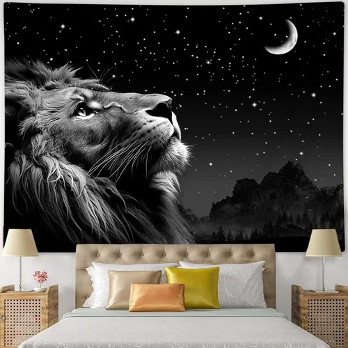 Vista 4 de Boziqr Cool Lion - Arte de pared para colgar en la pared, estrellas espaciales y luna, arte de pared para hombres, estético negro para colgar