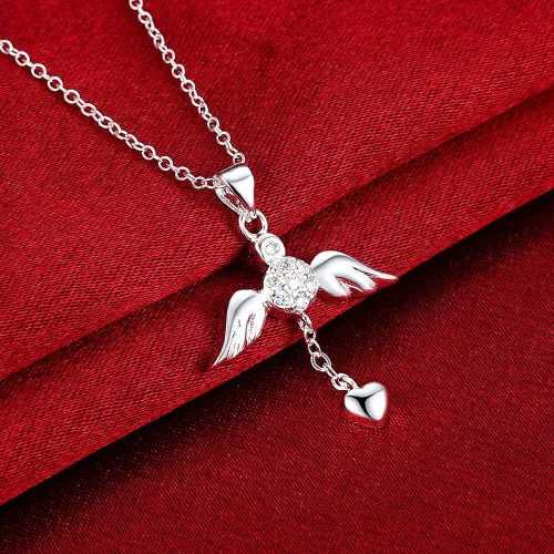 Vista 4 de Cutesmile Fashion Jewelry - Collar con colgante de plata de ley 925 con circonita cúbica, ala de ángel, 18 pulgadas, Plata, Circonia cúbica