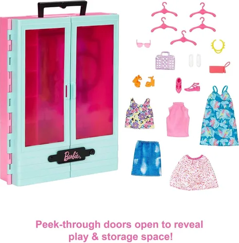 Vista 8 de Set de armario de Barbie con 3 conjuntos, accesorios de estilo y perchas, ropa para mezclar y combinar para más de 50 looks
