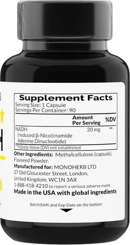 Vista 2 de MONOHERB NADH 20 mg - 90 cápsulas vegetarianas - Suplemento reducido de nicotinamida adenina dinucleótido