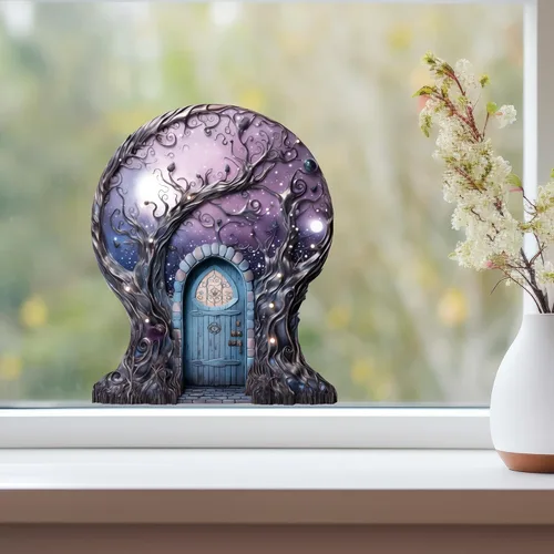 Vista 3 de Cielo de nebulosa estrellada con decoración de luna de casa de árbol, calcomanía de pared para puerta de hadas
