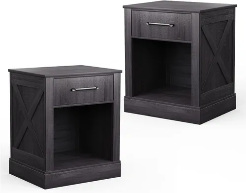 Vista 10 de Giantex Mesita de noche de granja, mesa auxiliar rústica con cajones y compartimento abierto, mesa auxiliar de madera para sofá para dormitorio