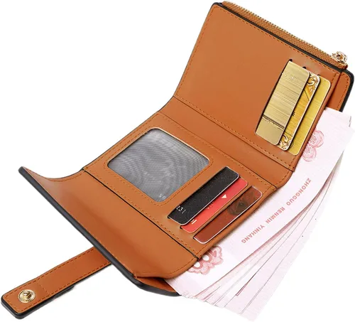 Vista 4 de AOXONEL Billetera pequeña de cuero para mujer, billetera Rfid para mujer, billetera triple plegable, compacta con ranuras para tarjetas y bolsillo