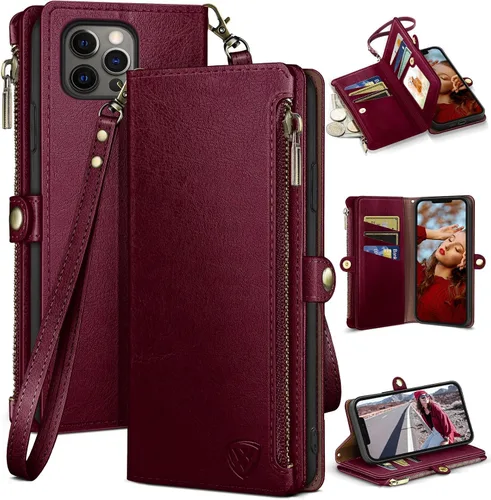 Vista 10 de XcaseBar Funda tipo cartera compatible con iPhone 13 Pro de 6.1 pulgadas con cremallera y tarjetero de crédito con bloqueo RFID, funda de piel