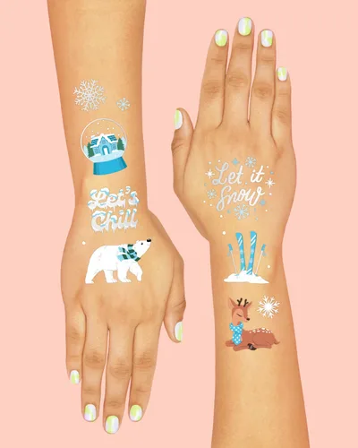 Vista 4 de xo, Fetti Tatuajes temporales para fiesta de Navidad de invierno, 50 estilos de lámina plateada, recuerdos de fiesta de Navidad, relleno