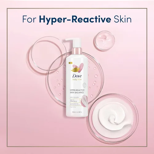 Vista 3 de Dove Body Love - Limpiador corporal para piel propensa a reacciones, 3 unidades de equilibrio de piel hiperreactivo para gel de baño ultra sensible