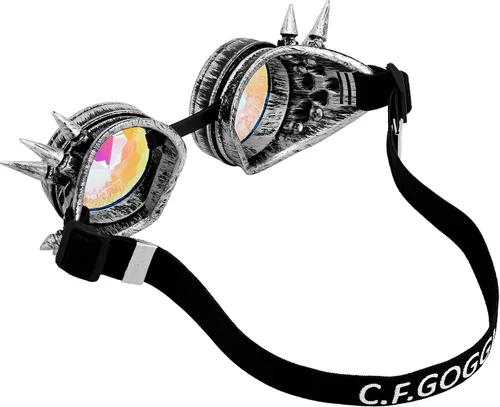 Vista 96 de Gafas de caleidoscopio retro con pinchos, gafas de cristal arcoíris steampunk estilo soldadura, gafas de cosplay punk