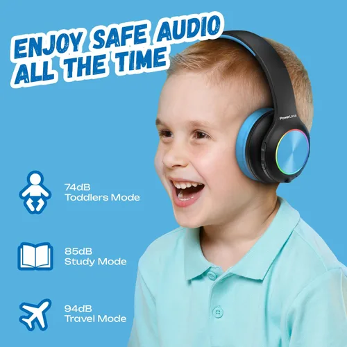 Vista 2 de PowerLocus PLED Auriculares Bluetooth para Niños, Auriculares Inalámbricos para Niños con Luces LED, Volumen Seguro de 74/85/94dB, Micro SD, Cable