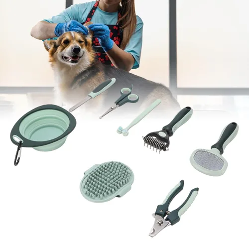 Vista 6 de Luocute Juego de 8 piezas de aseo para perros y gatos, cepillo de baño profesional con rastrillo para cortar uñas, cepillo de dientes, bolsa