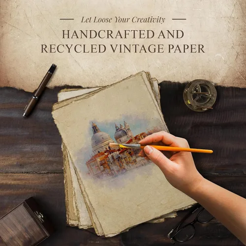 Vista 2 de NomadCraftsCo. Papel en Blanco Vintage Hecho a Mano con Borde Deshilachado 75 Hojas de Papel de Algodón Reciclado, Hoja Perfecta para Cualquier
