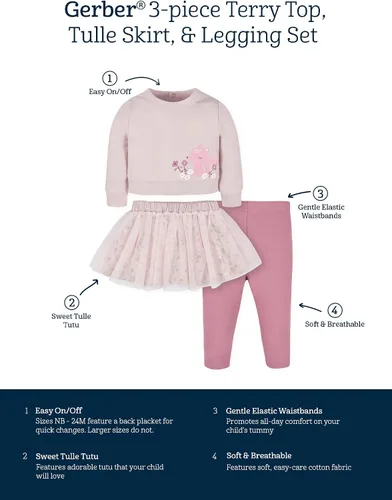 Vista 5 de Gerber Conjunto de 3 piezas de rizo francés para bebés y niñas pequeñas, tutú de tul y leggings