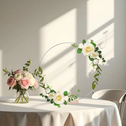 Vista 4 de OurWarm 12 centros de mesa de aro floral de 12 pulgadas con soporte para mesa, piezas centrales de metal con base de madera, centros de mesa
