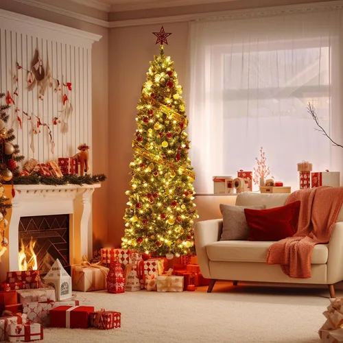 Vista 2 de Garvee 6 FT Prelit Pencil Christmas Tree, 100 Warm White LEDs, 578 Tips Snowy Pine Cones & Mixed Branches, Holiday Tree for Small Spaces