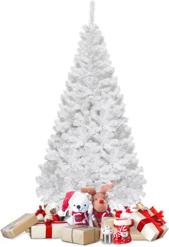 Vista 13 de DREAMADE Árbol de Navidad blanco de 6 pies, árbol de Navidad artificial de abeto sin iluminación con 650 ramas completas y base de metal plegable