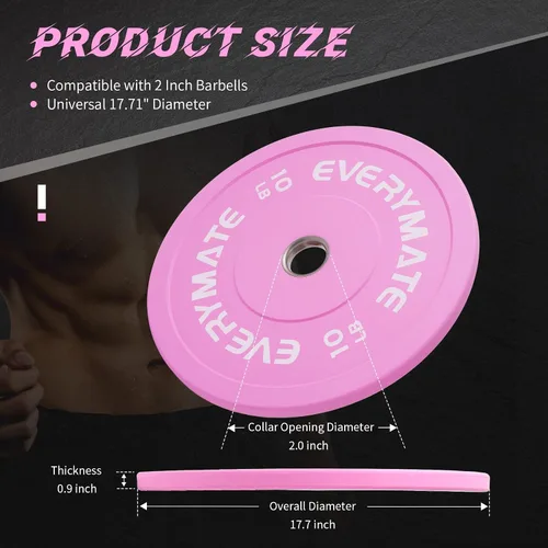 Vista 4 de EVERYMATE Placas de Peso Rosa 10LB 15LB 25LB 35LB 45LB Placas Olímpicas Bumper Placas de Peso con Agarre para Entrenamiento de Fuerza y Crossfit