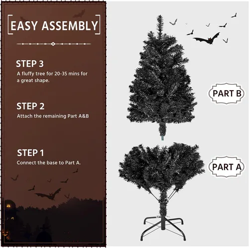 Vista 9 de [Usado] Yaheetech Árbol de Navidad artificial de pino abeto negro con bisagras y luces incorporadas de 4.5 pies para Halloween, árbol de Navidad
