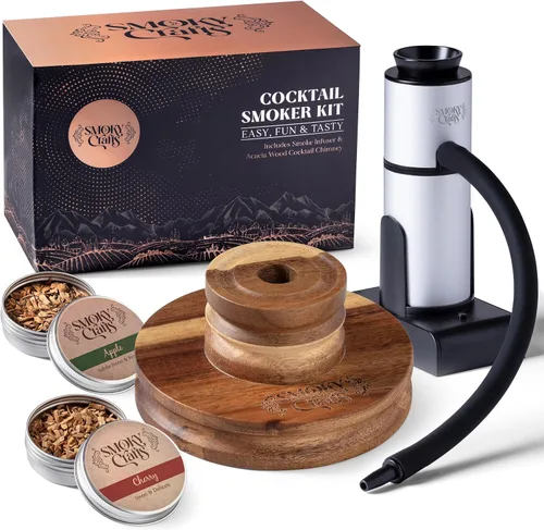 Vista 11 de Kit Ahumador de Cócteles a la Antigua de Smoky Crafts - Kit Ahumador de Whisky con Pistola para Ahumar, Caja de Ahumado para Cócteles, Bandeja