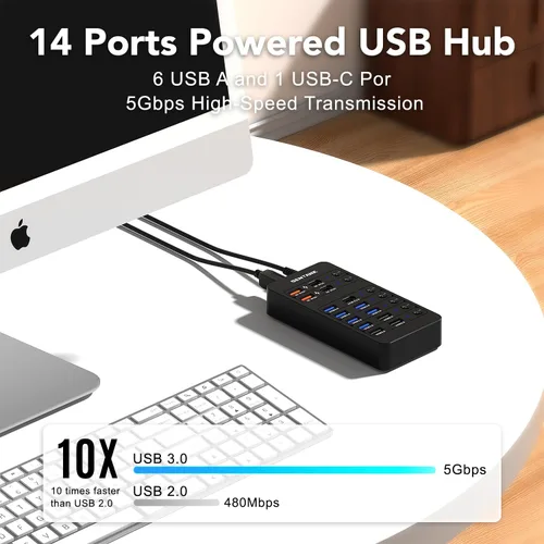 Vista 3 de Hub USB alimentado, divisor de concentrador de datos USB de 14 puertos con 6 puertos USB 3.0, 4 puertos de carga, 1 puerto de datos USB-C 3.0, 1