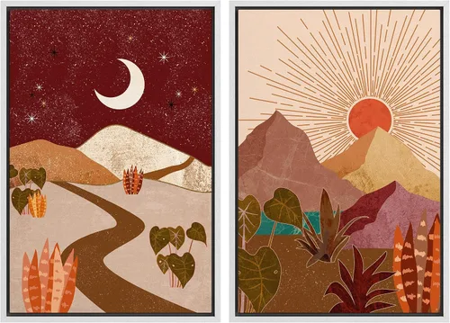 Vista 29 de IDEA4WALL Lienzo Enmarcado Impreso Arte de Pared Set Paisaje de Hojas de Palma de Selva de Mediados de Siglo Naturaleza Silvestre Ilustraciones Arte