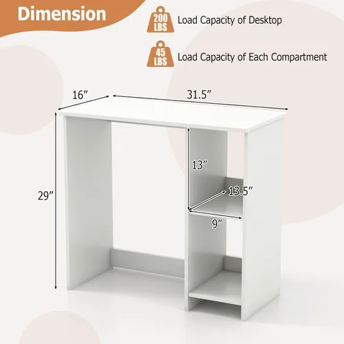 Vista 3 de Escritorio blanco para computadora, escritorio moderno con estantes de almacenamiento, mesa de juegos compacta, escritorios de madera para oficina