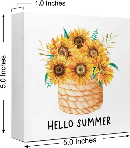 Vista 2 de Letreros de bloque de madera de verano, floreros de girasol de verano para el hogar, dormitorio, oficina, escritorio, mesa, decoración
