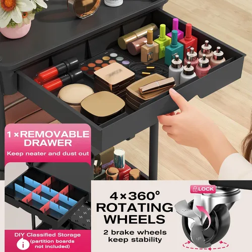 Vista 3 de Goovilla Carrito Organizador de Maquillaje Rodante con Cajón Extraíble, Carrito de Almacenamiento de Cuidado de la Piel de 3 Niveles Estable Negro