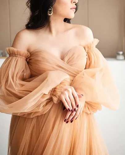 Vista 5 de Vestido de maternidad de tul hinchado para sesión de fotos, batas de manga larga, hombros descubiertos, lencería transparente, vestidos de baby