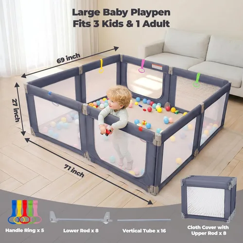Vista 2 de Kidirect Corralito Plegable para Bebés, 71"×69" Corralito Extra Grande para Bebés y Niños Pequeños de 1-3 Años, Patio de Juegos Portátil con 5 Asas