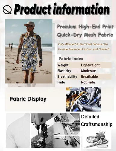 Vista 5 de Conjunto de camiseta sin mangas con estampado floral para hombre, camiseta deportiva casual con estampado de lujo, ropa deportiva hawaiana