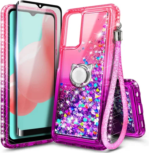 Vista 8 de NZND Funda para Samsung Galaxy A32 5G con protector de pantalla de vidrio templado (cobertura completa), soporte de anillo/correa para la muñeca