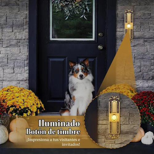 Vista 5 de Dreyoo - Timbre de puerta de metal iluminado con botón, estilo retro