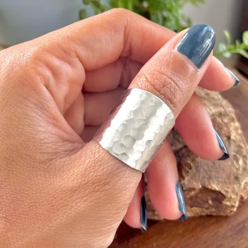 Vista 4 de Hammered Sterling Silver Handmade Classic Wide Band Boho Statement Ring, Shiny Finish Wrap Band Adjustable to Sizes 6-12, Also as Thumb Ring, Gift