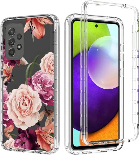 Vista 6 de Funda para Galaxy A52 5G/4G/Samsung A52 SM-A526, bonita funda protectora de cuerpo completo transparente con protector de pantalla de vidrio