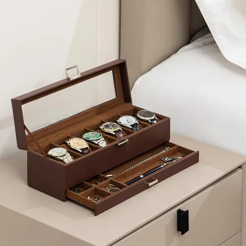 Vista 7 de ProCase Caja para reloj, caja de exhibición de 6 ranuras con cajón, caja de reloj para hombre con tapa de vidrio, organizador de almacenamiento
