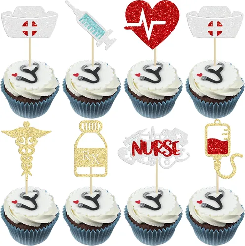 Vista 12 de Gyufise Decoración para tartas de enfermería con purpurina para enfermería 2023, decoración para pastel de graduación para temática médica Rn 2023