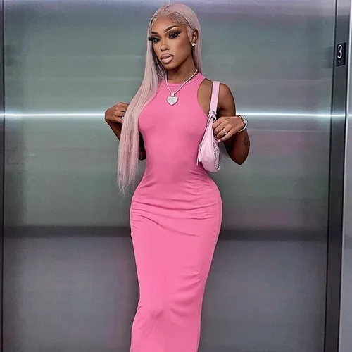 Vista 5 de ccisppal Women's Summer Bodycon Dress Sexy Sleeveless Round Neck Dress Cross Side Slit Streetwear Casual Festival Maxi Dress