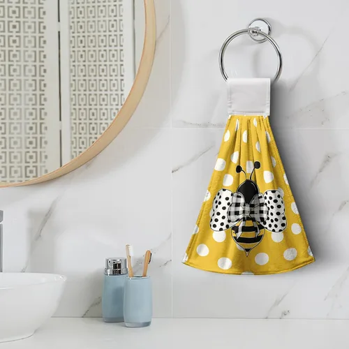 Vista 6 de Honey Bee - Juego de 2 toallas colgantes de cocina de verano con lunares y lazo para colgar, toallas de cocina de granja amarillas, suaves