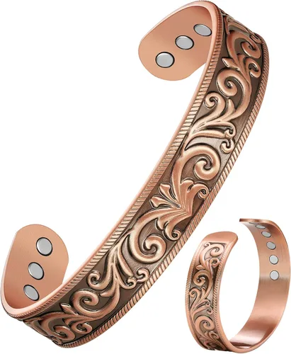 Vista 11 de Feraco Pulsera de Cobre Puro para Hombres y Mujeres, Brazalete Magnético de Ultra Resistencia para Hombres y Mujeres con Imanes de Neodimio de 3500